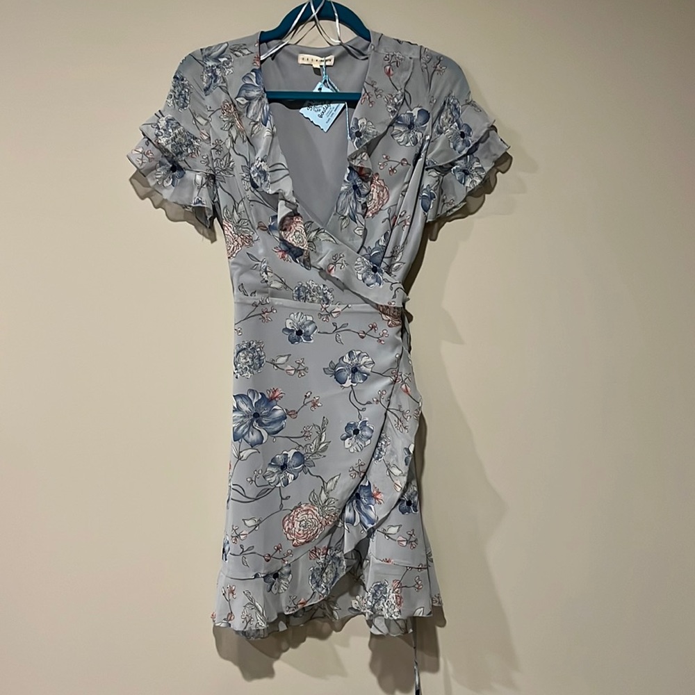 Boutique blue floral wrap dress